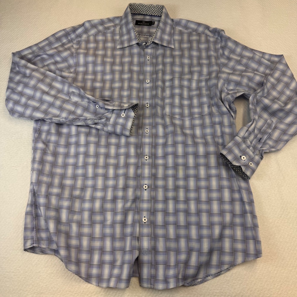 BUGATCHI Men's XXL Long Sleeve Plaid Dress Shirt Button Down Blue White